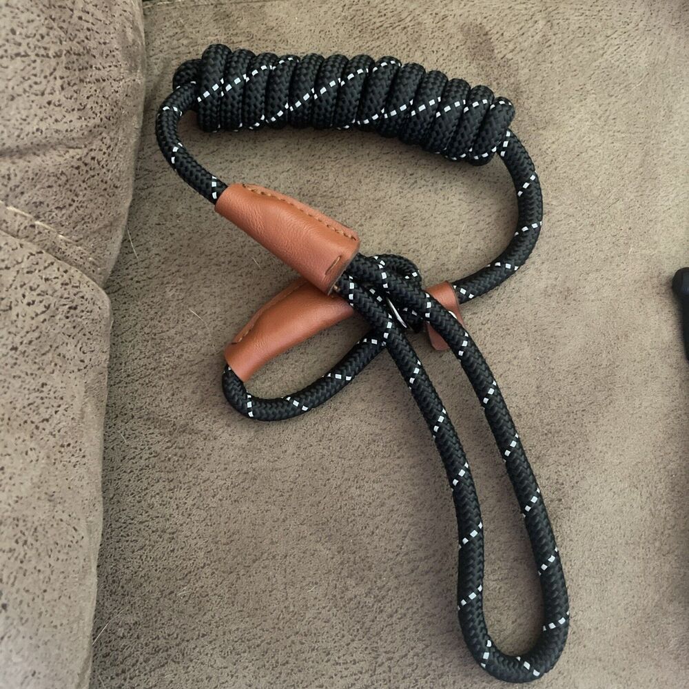 5ft Reflective Black / Leather Slip Lead Dog Leash Training Walking Show Collar